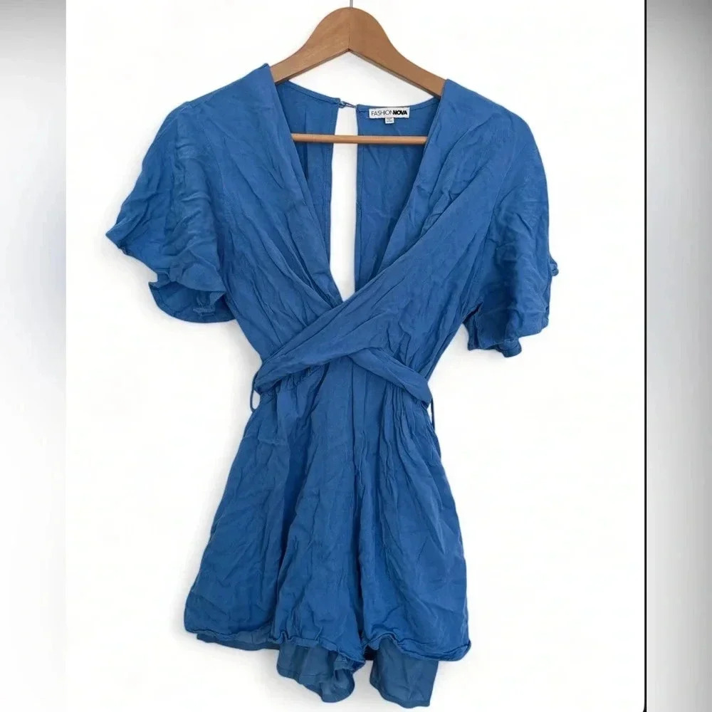 Fashion Nova Bebe Blue  Wrap Jumpsuit size medium